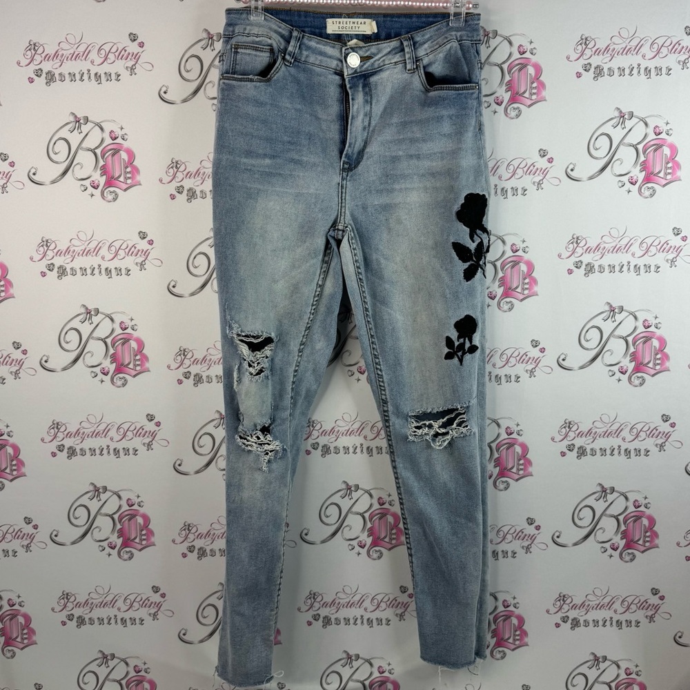 Streetwear society pants Light Blue Distressed Jeans with Black Floral Details